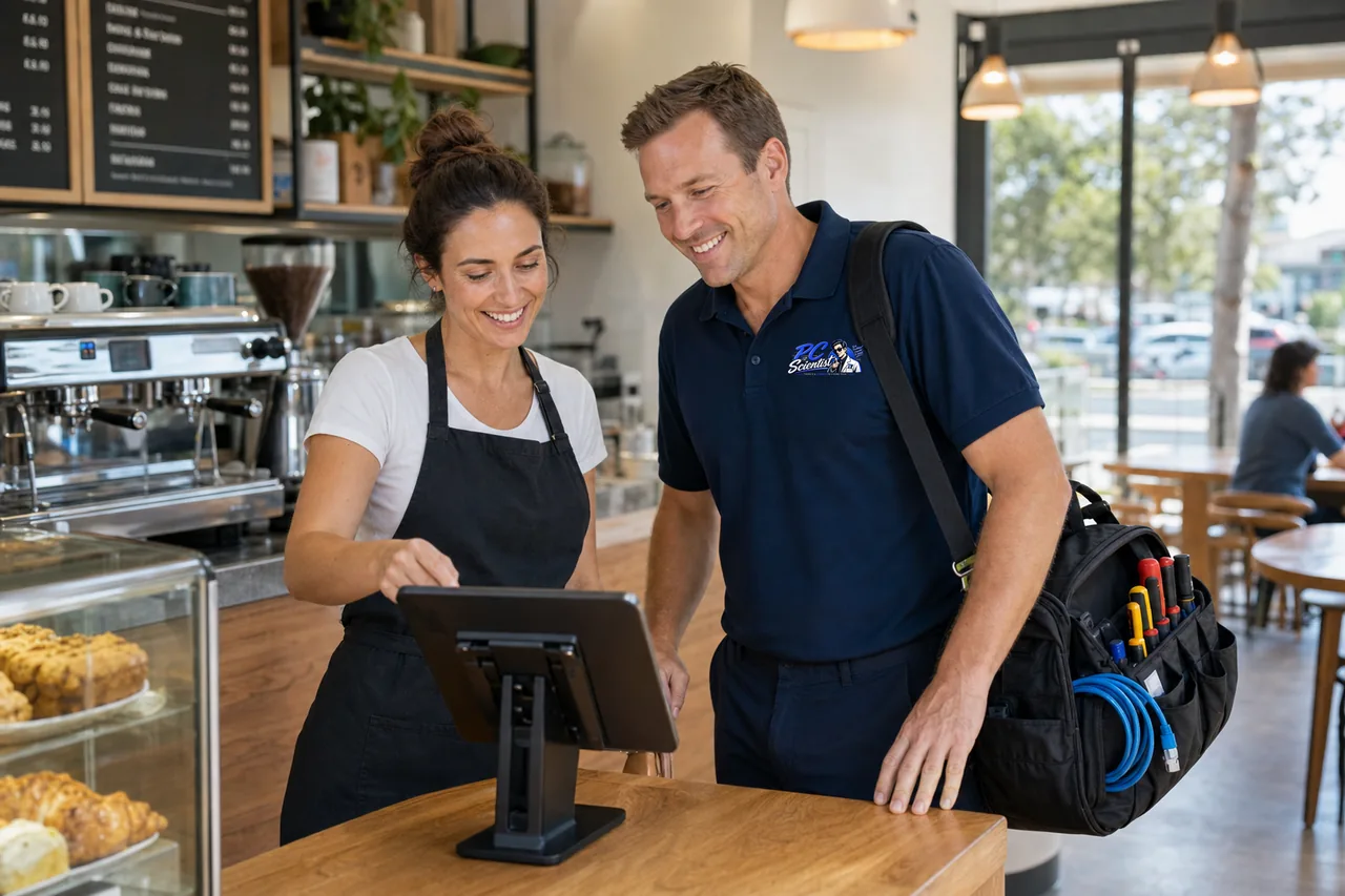Cafe and retail venues - a PC Scientist technician at the counter with the owner.