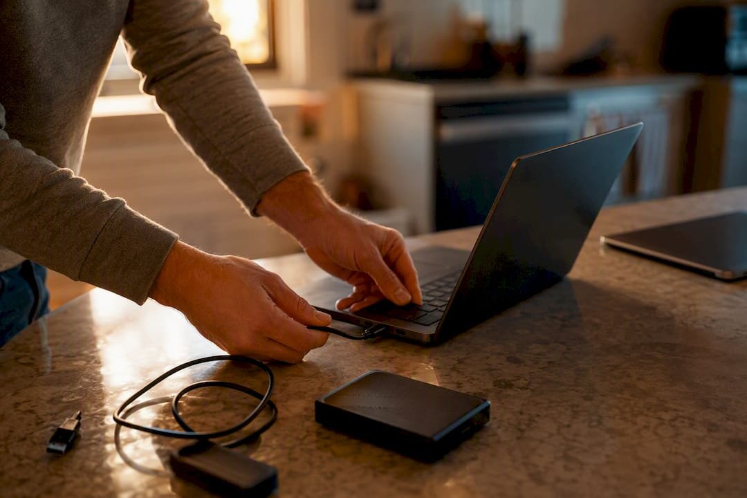 Hands plugging external drive into laptop