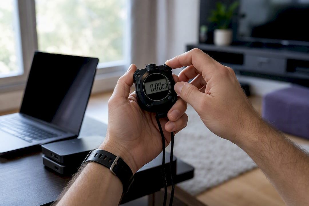 Hands operating stopwatch for backup test
