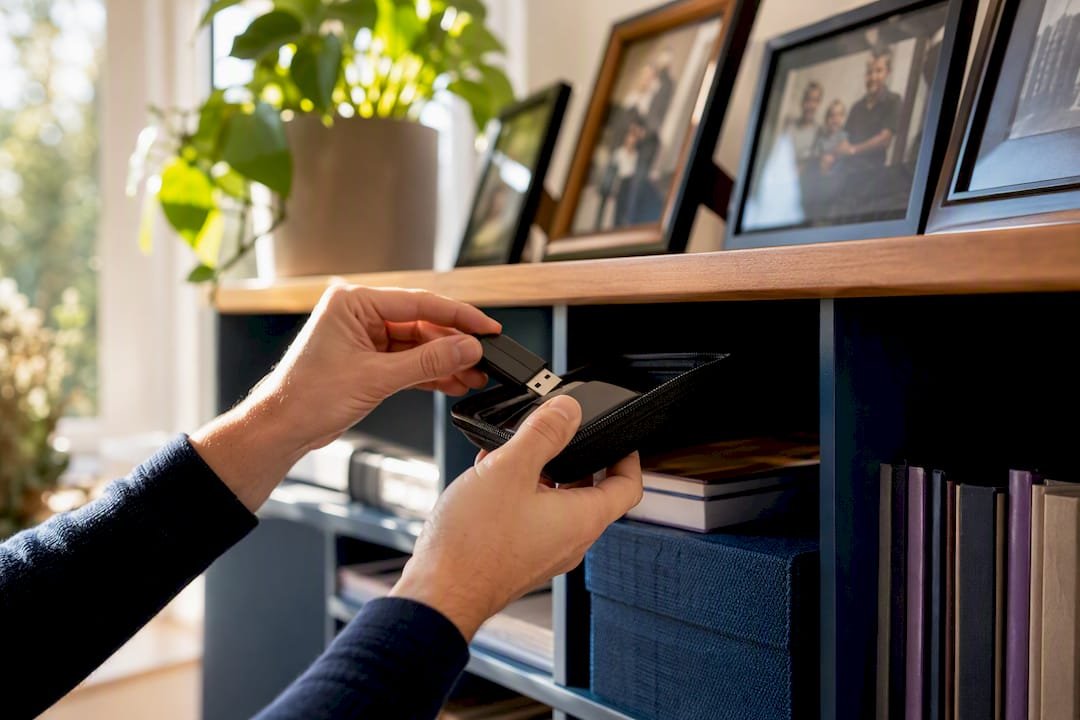 Hands storing removable drive for air-gapped backup