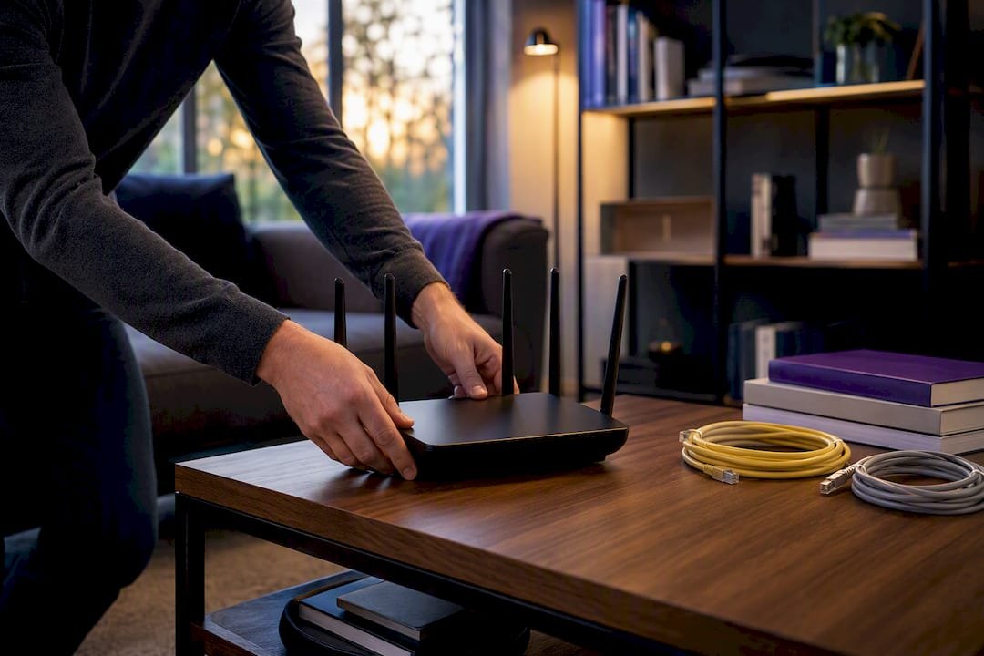Hands replacing old Wi-Fi router