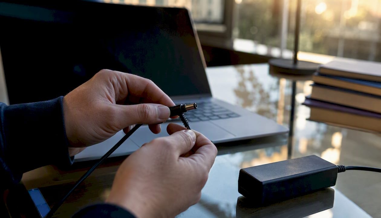 Hands inspecting a laptop charger adapter connector
