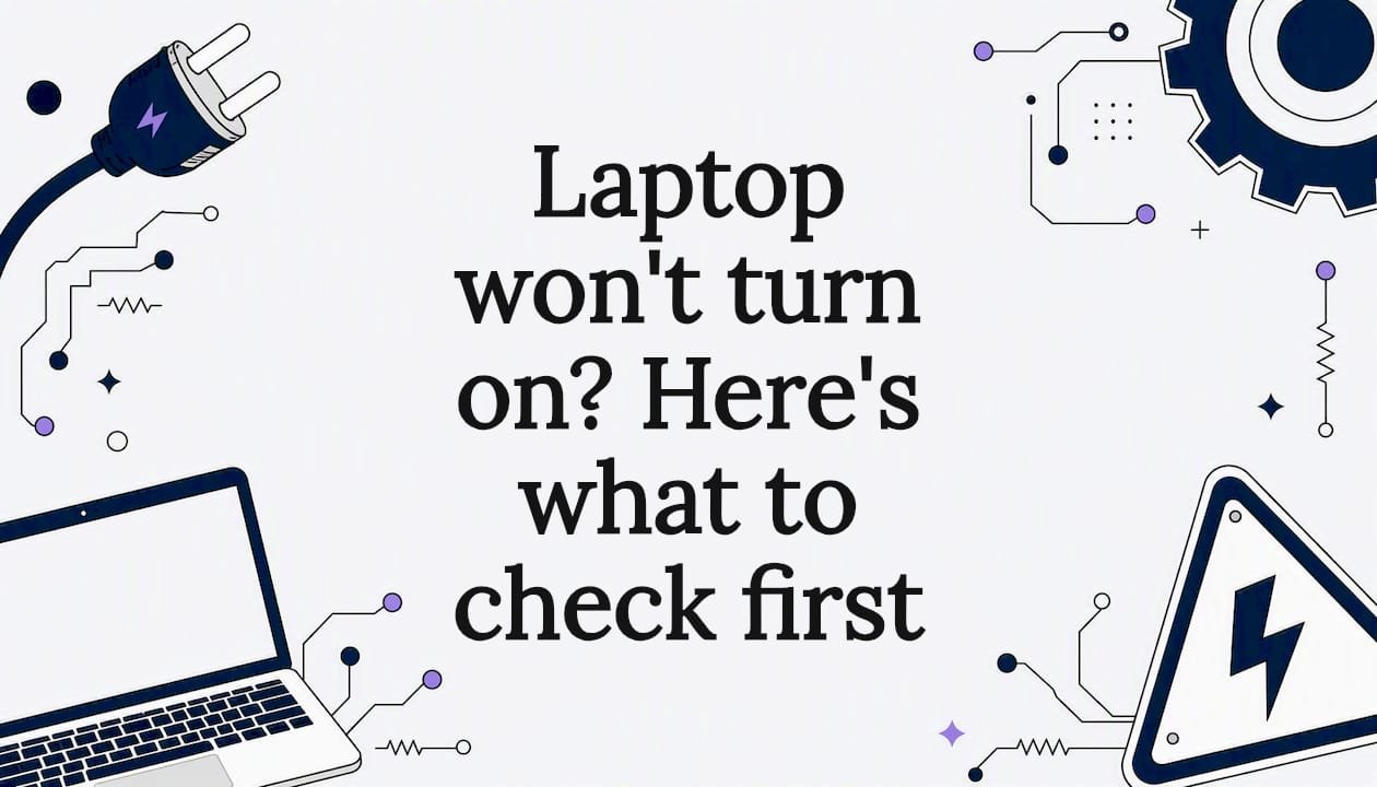 Decorative illustration title card for laptop troubleshooting article