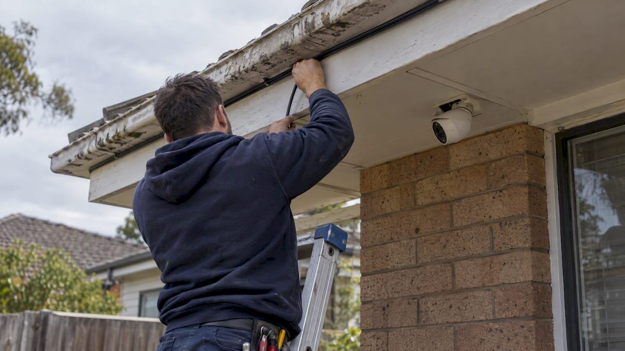 Cabler routing CCTV cable beneath soffit