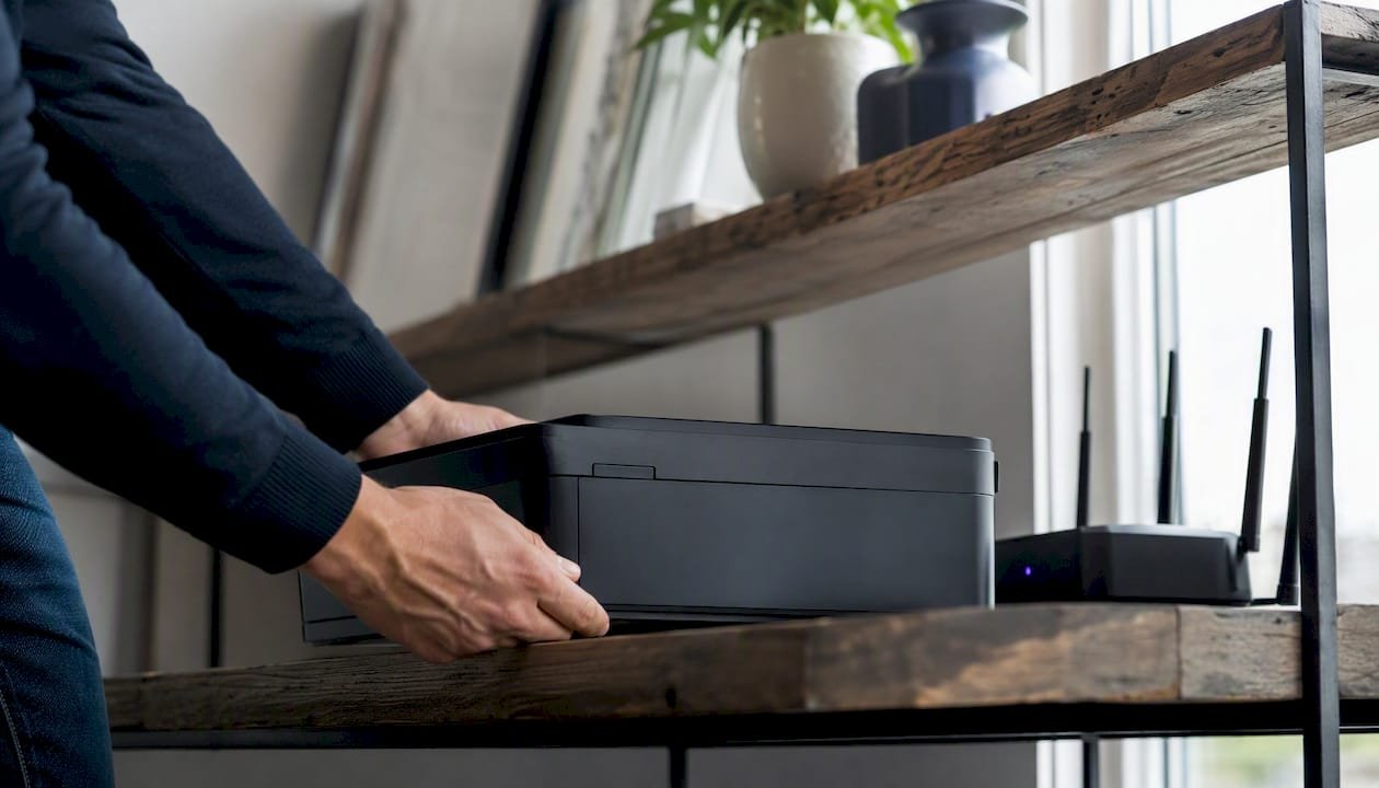 Person moving printer closer to router for wifi test