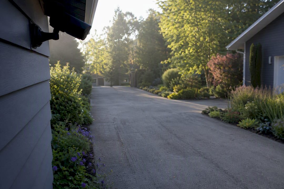 Security camera overlooking driveway from house corner
