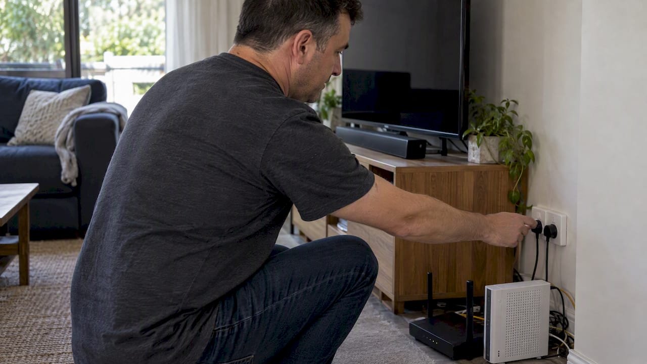Person switching off router and NBN box