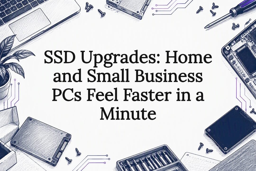 SSD upgrade title card with sketched computer parts