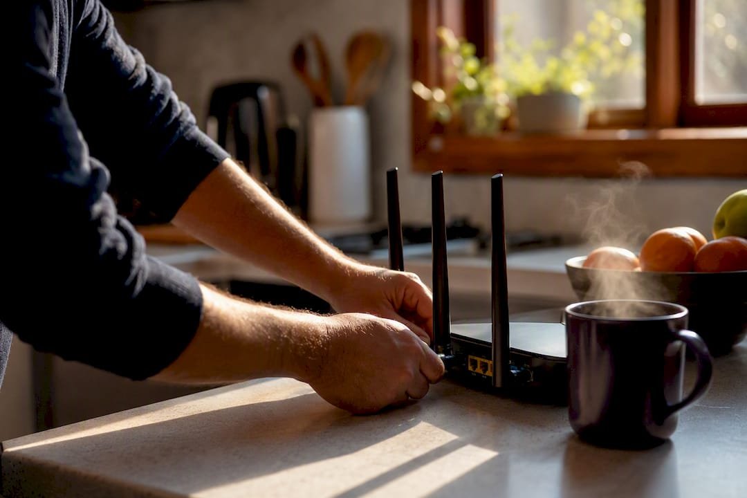 Hands adjusting router settings for network traffic