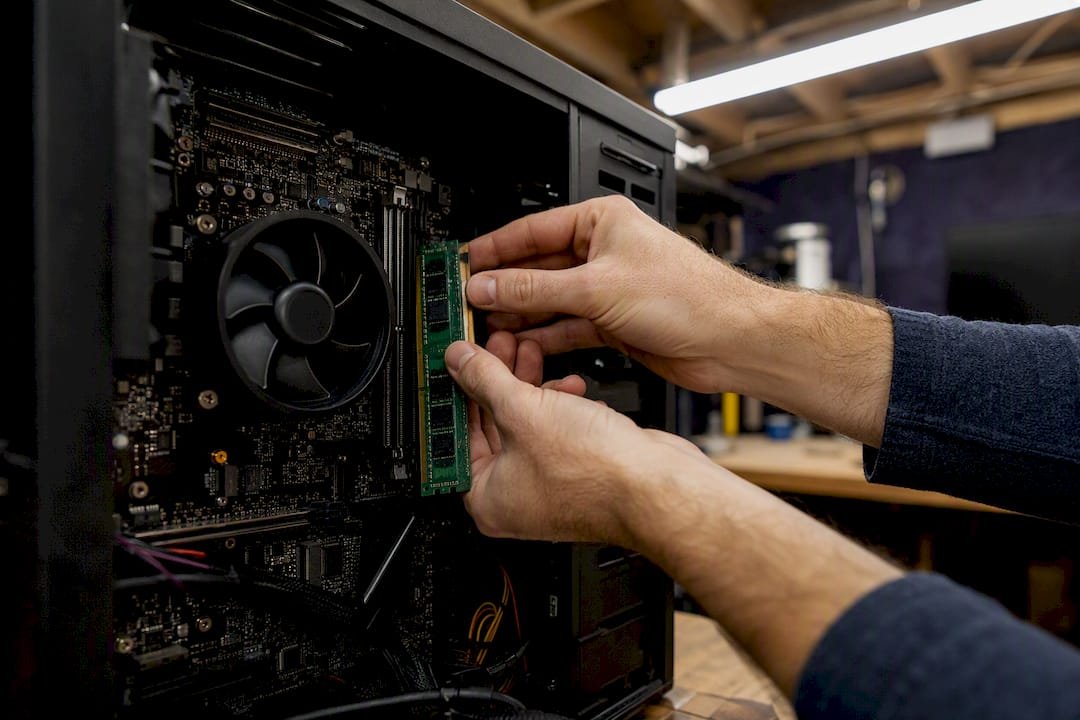 Hands inserting RAM stick into motherboard