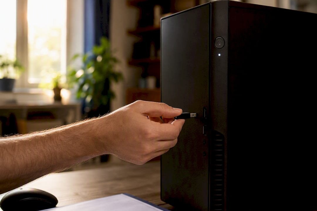 Hands unplugging USB device from PC