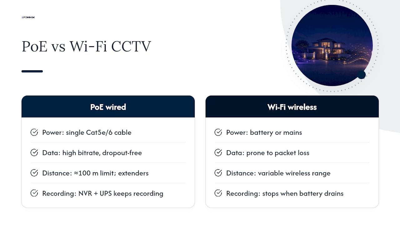 Diagram comparing wired PoE and wireless Wi-Fi CCTV features