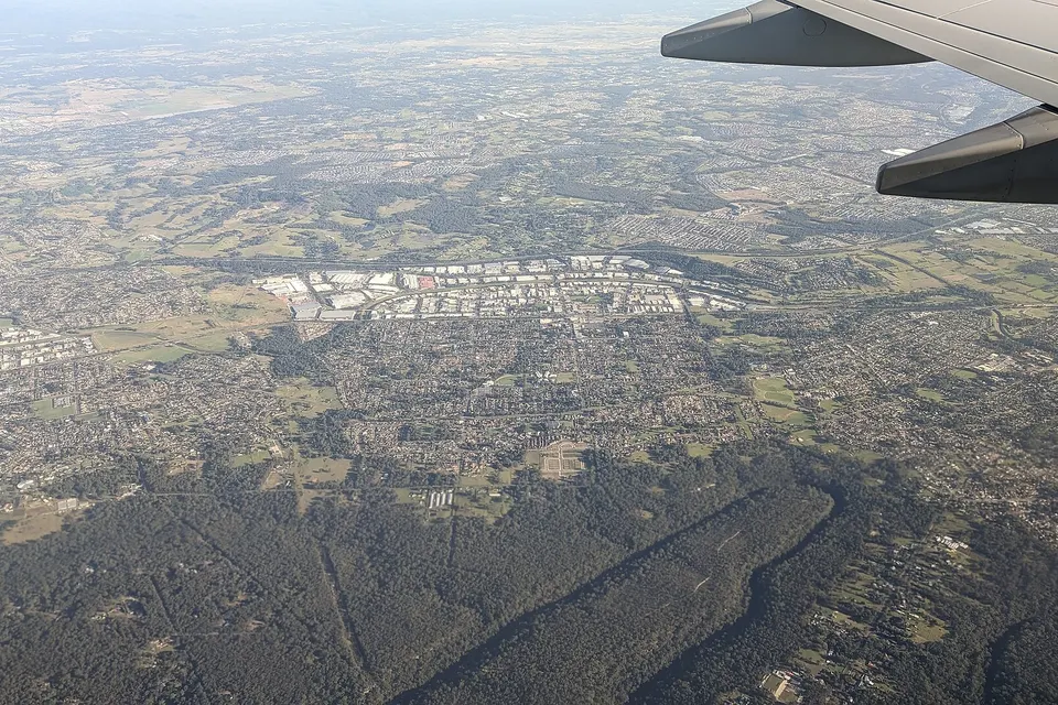 The suburb of Ingleburn, NSW viewed from a plane flying overhead. Part of the im