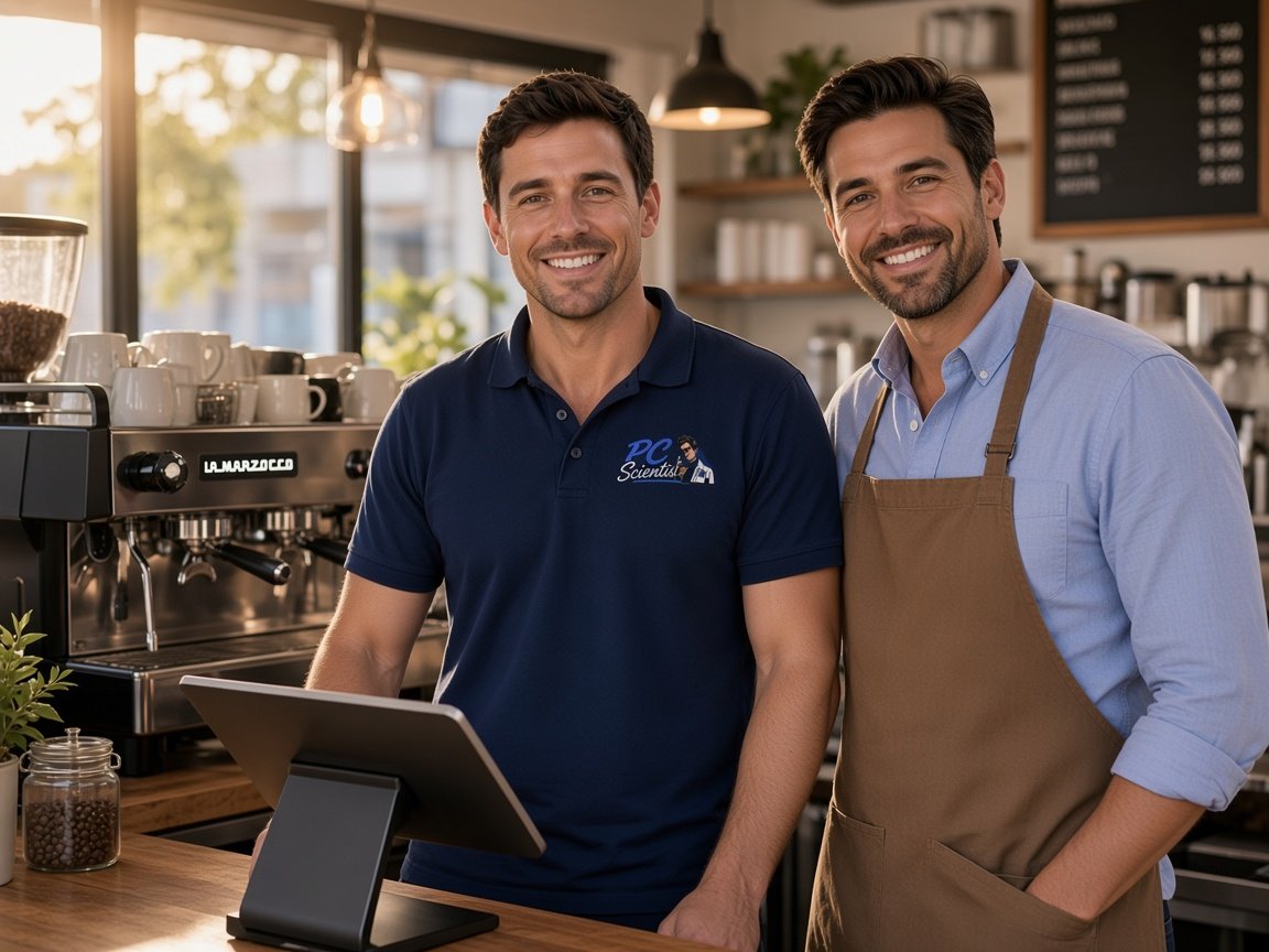 Cafe and retail venues - a PC Scientist technician at the counter with the owner.