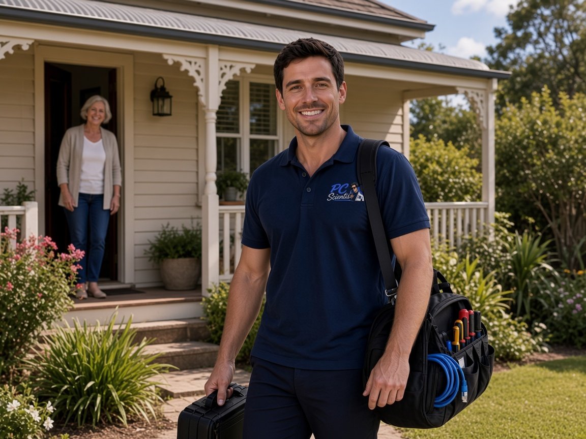 We come to you - a PC Scientist technician and his gear at a home doorstep, with the client waving.