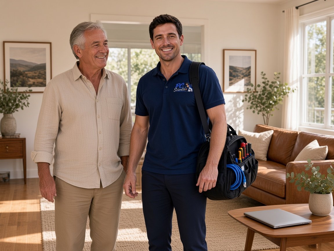 Sorted - a PC Scientist technician and an older client both happy after the visit.